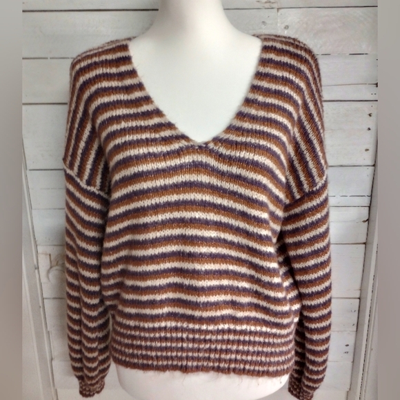 Major Label Group Medium Knit Sweater Striped Cropped Bishop Sleeve Boho Fall - Picture 1 of 9